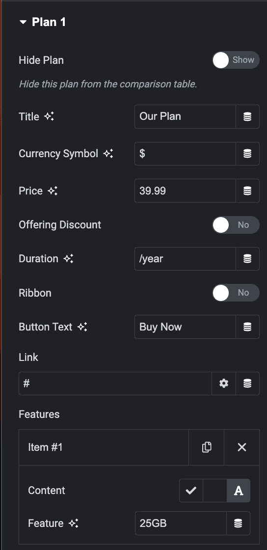 Comparison Table Plan Settings