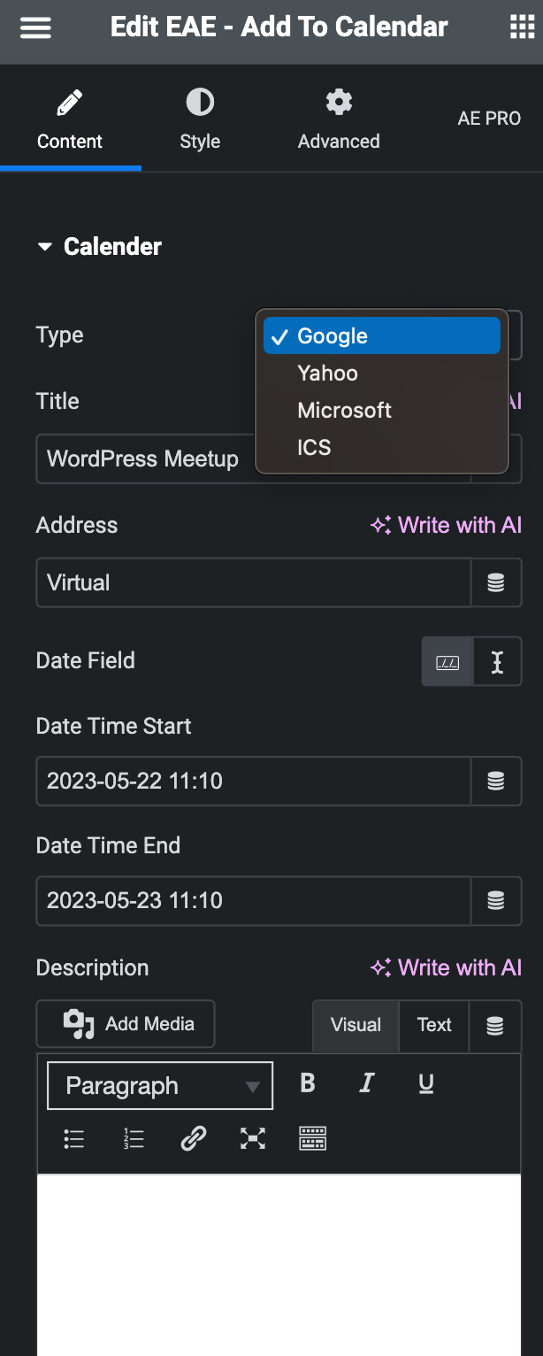 Add To Calendar: Content Settings