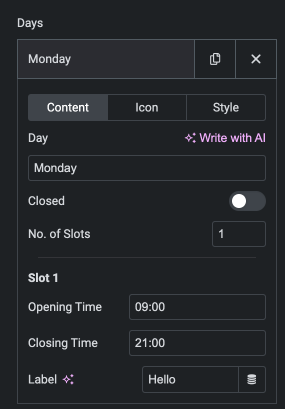 Business Hours: Content Settings(individual day)