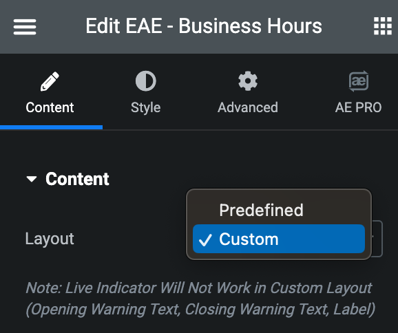 Business Hours: Content Layout Settings