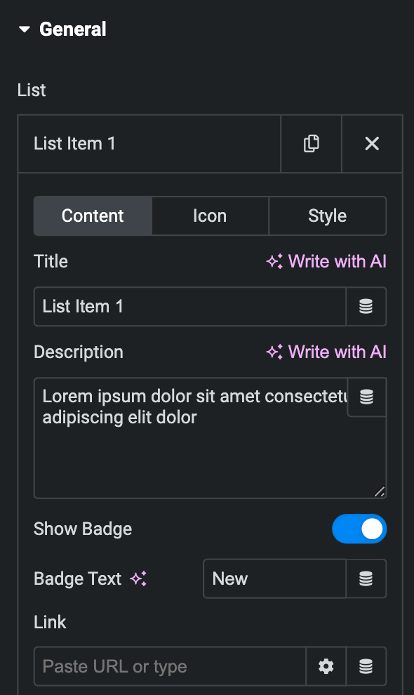 Advanced List: Content Settings(individual item)