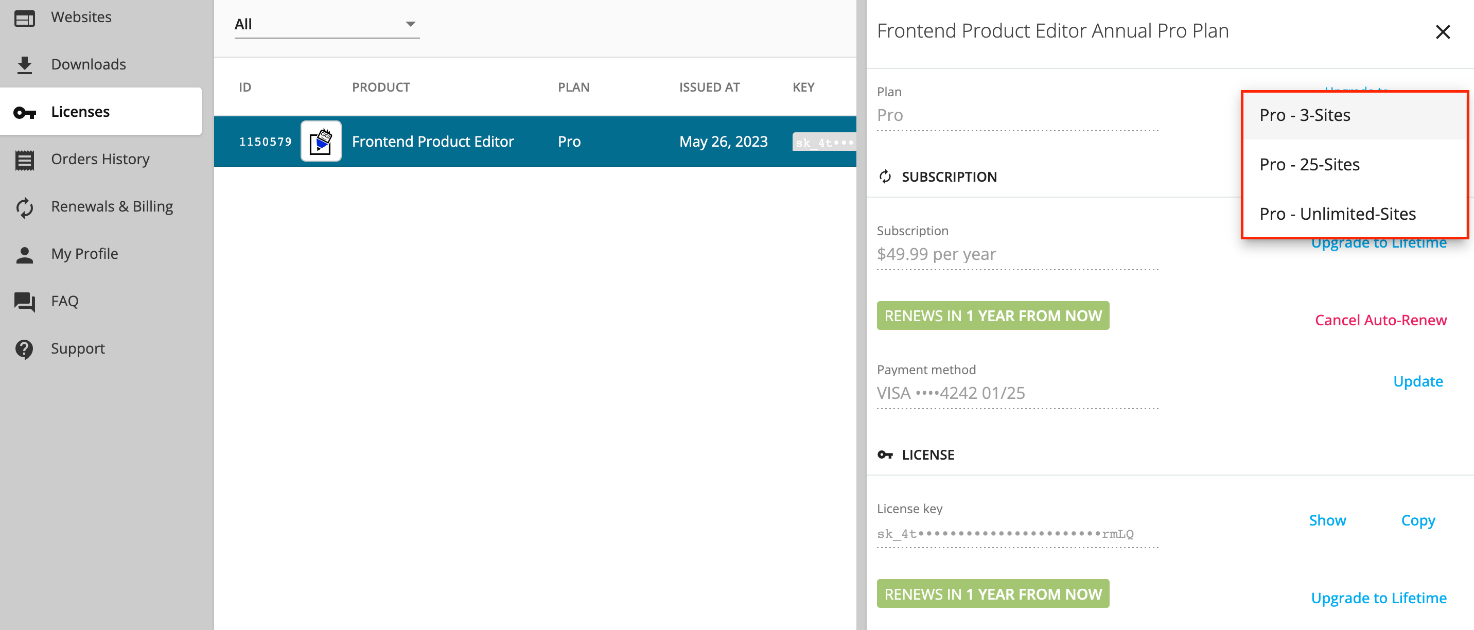 Frontend Product Editor: License Upgrade Plans