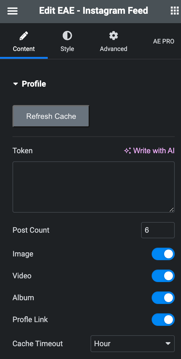 Instagram Feed: Profile Content Settings