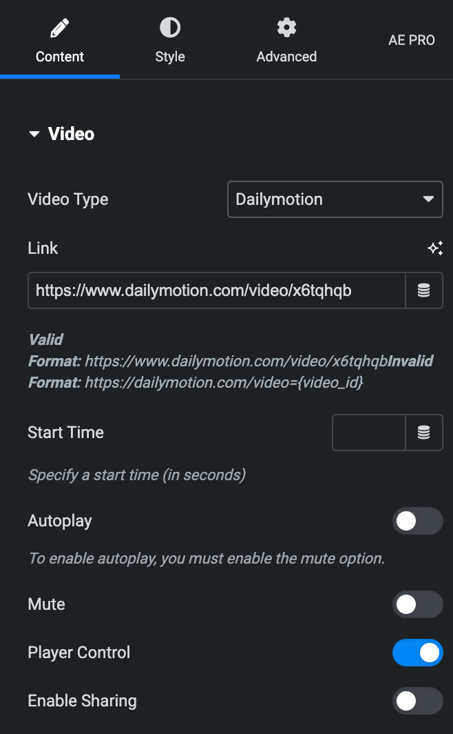 Video Box: Dailymotion Video Type Settings