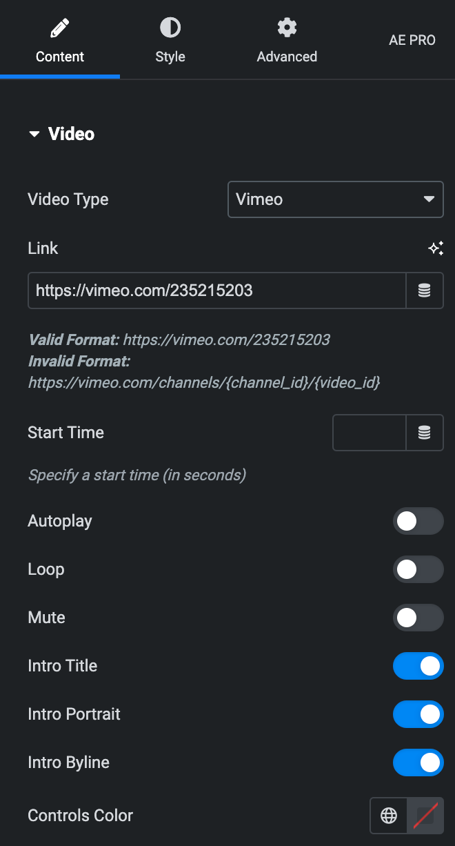 Video Box: Vimeo Video Type Settings