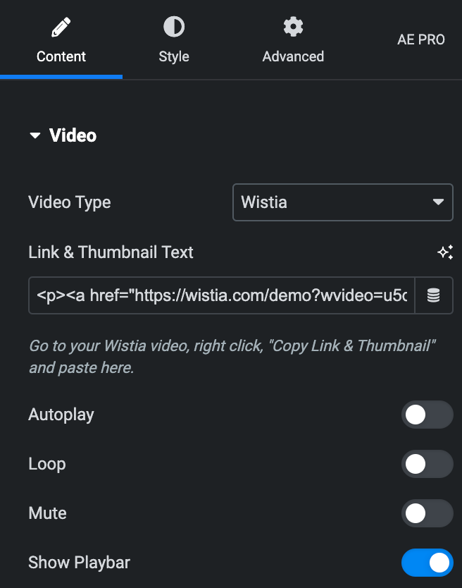 Video Box: Wistia Video Type Settings