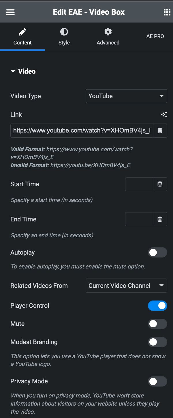 Video Box: Youtube Video Type Settings