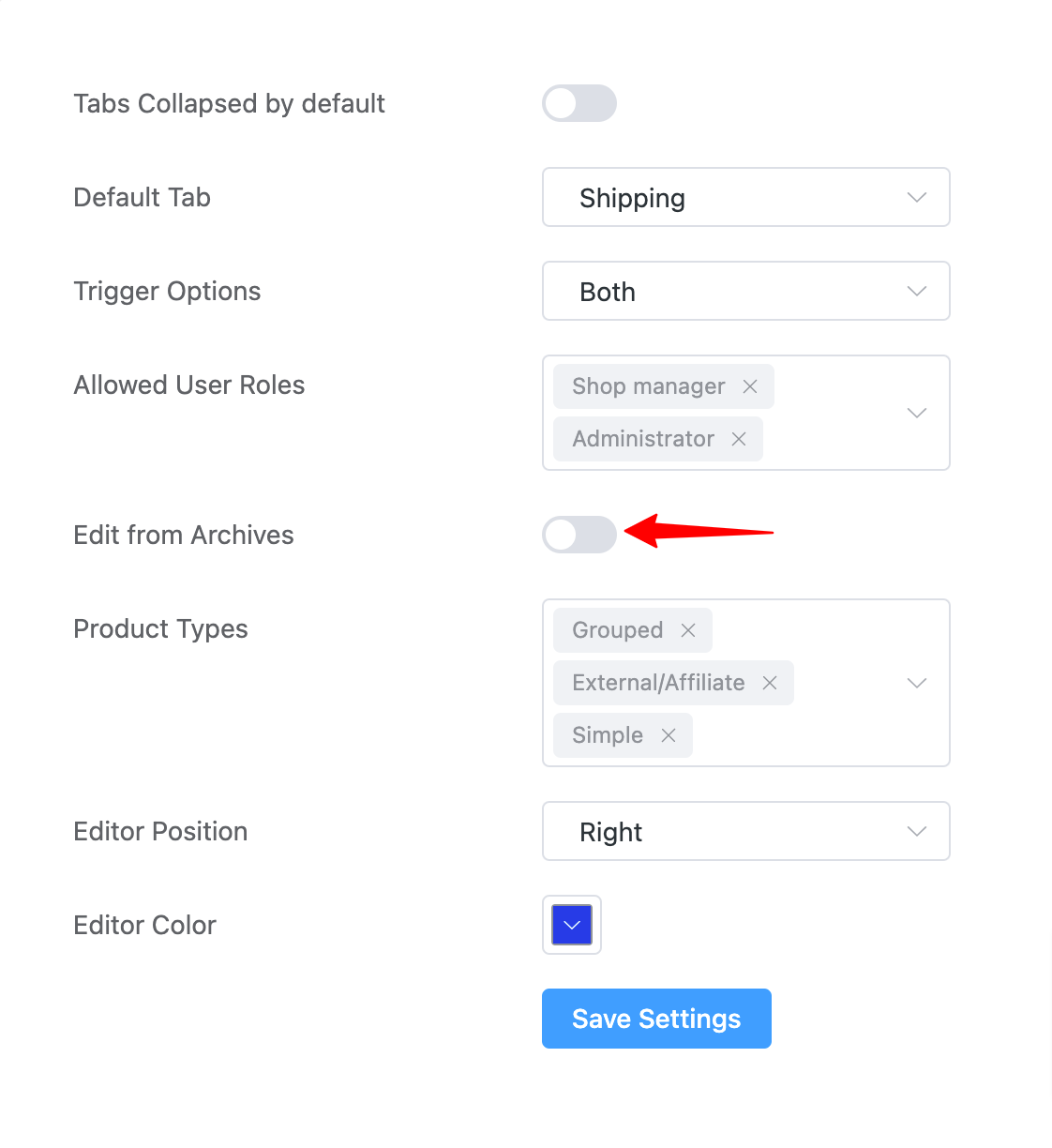 Frontend Product Editor: Settings