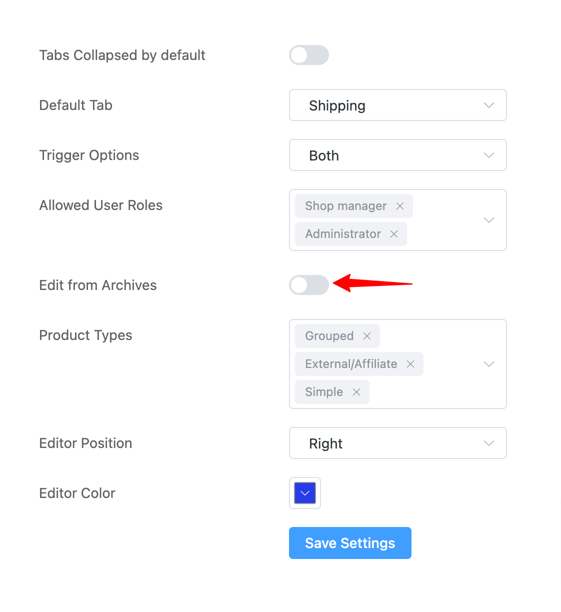 Frontend Product Editor: Edit From Archive  Settings in WooCommerce