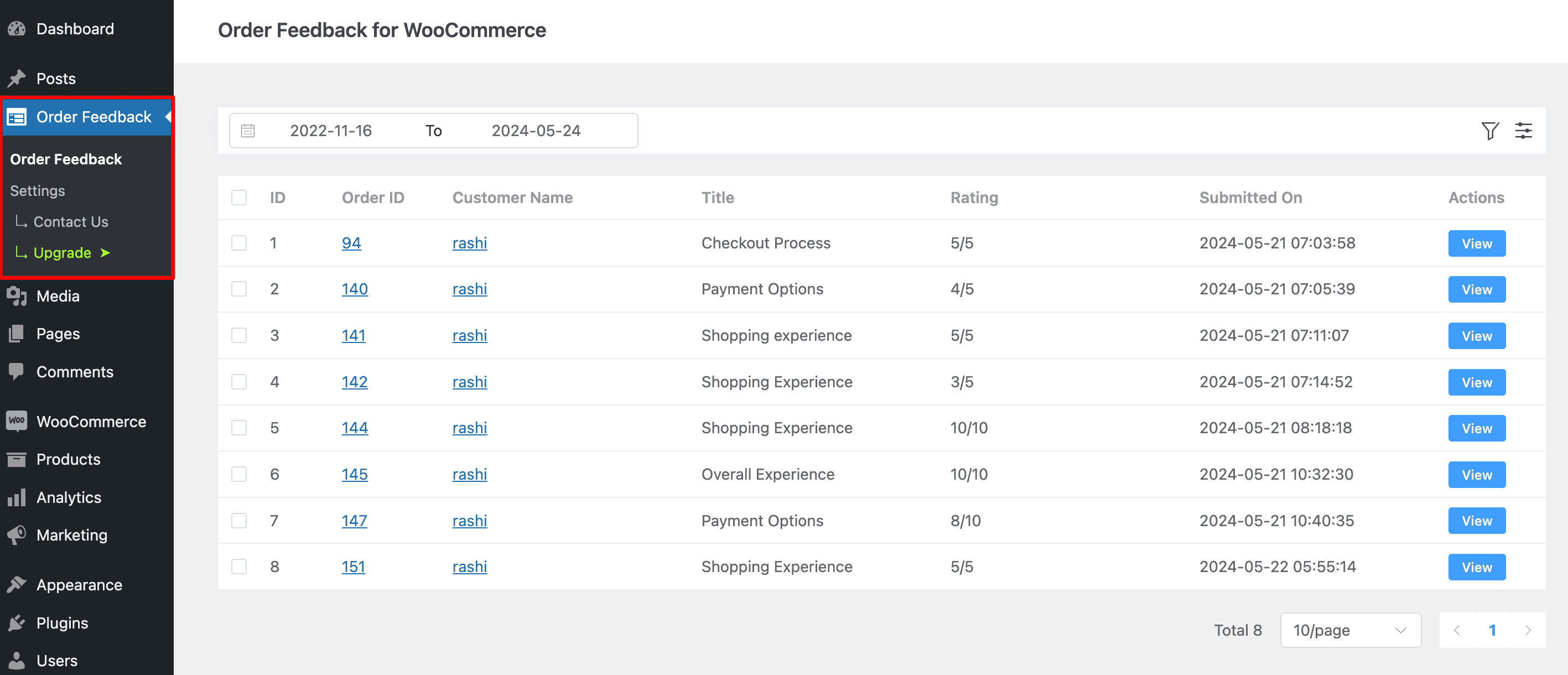 Order Feedback For WooCommerce: Display All Customer Feedback
