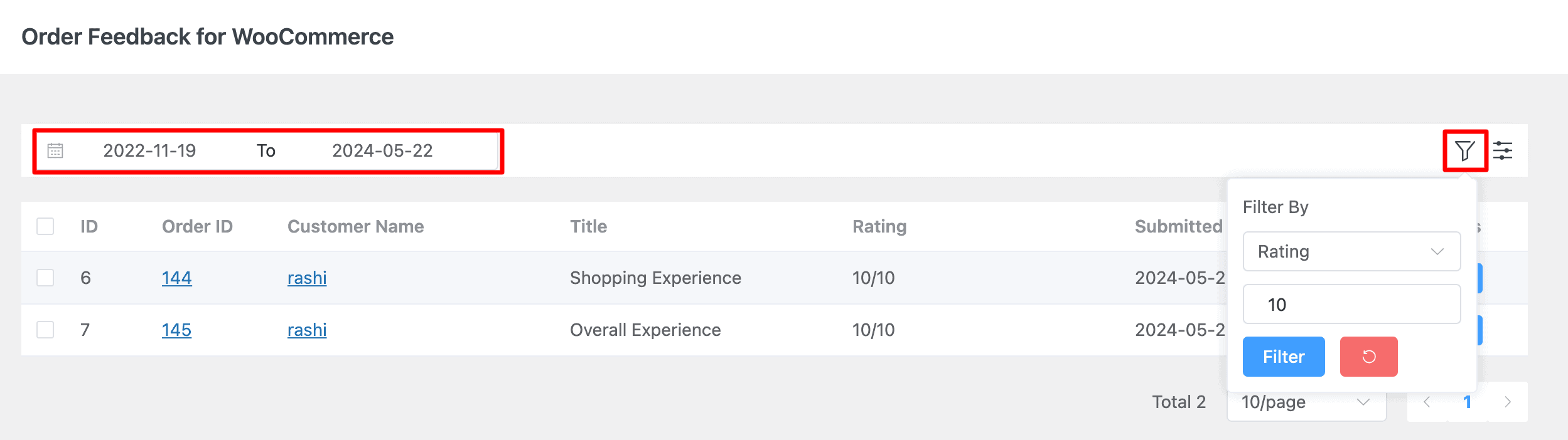 WooCommerce: Filter Feedback on Rating Scale & Date Range Basis