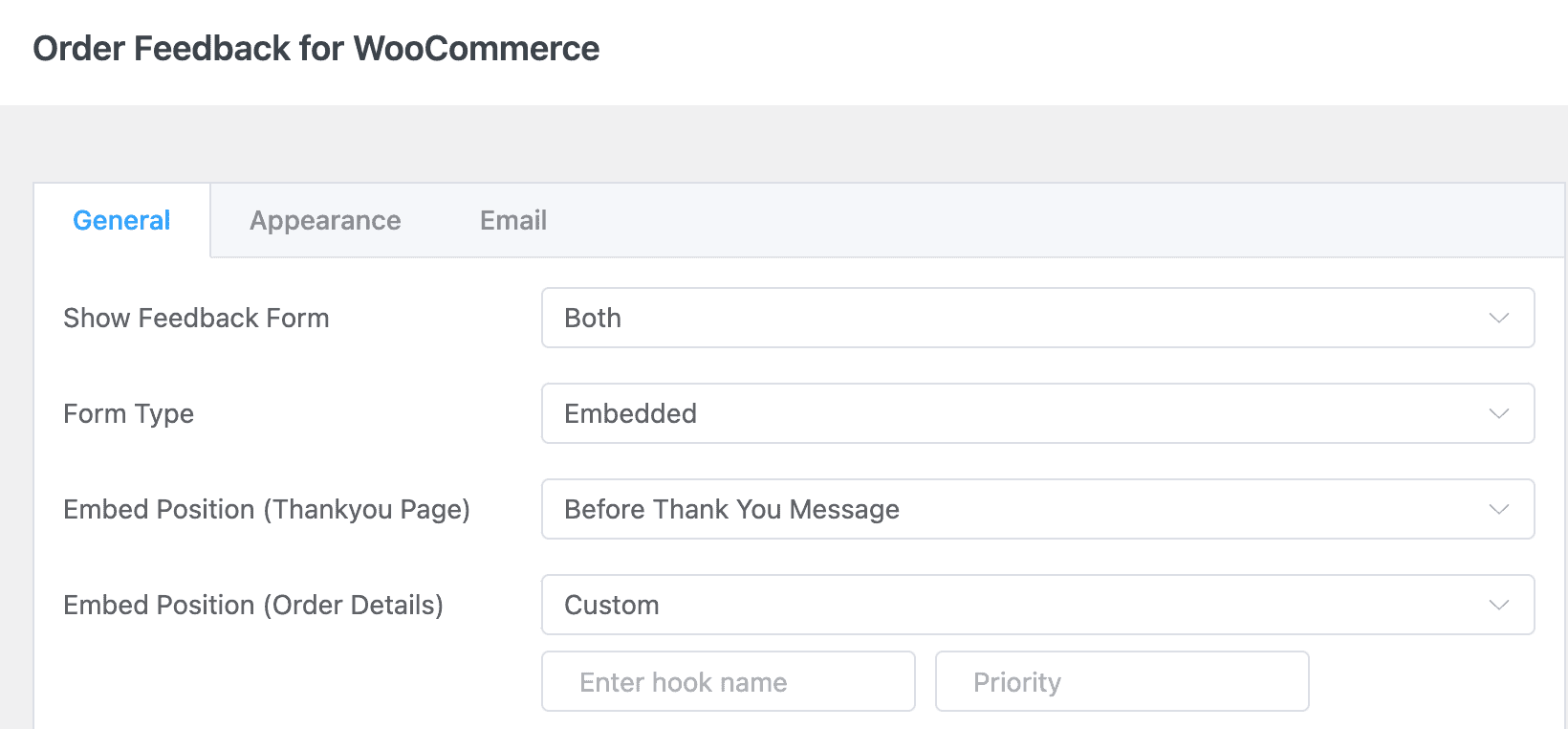 Order Feedback For WooCommerce: Display Form Type Settings