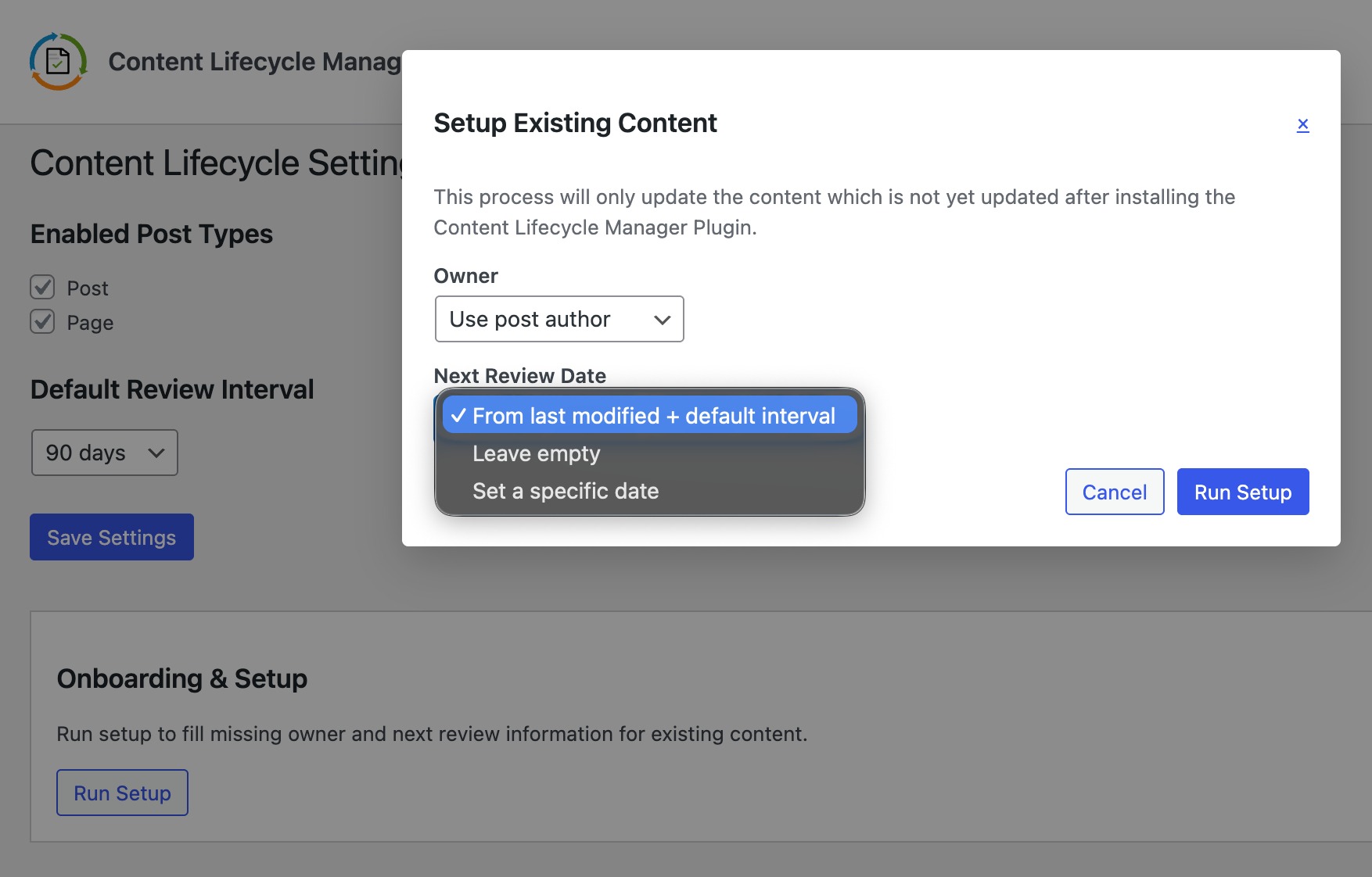 Configure Settings for Existing Content
