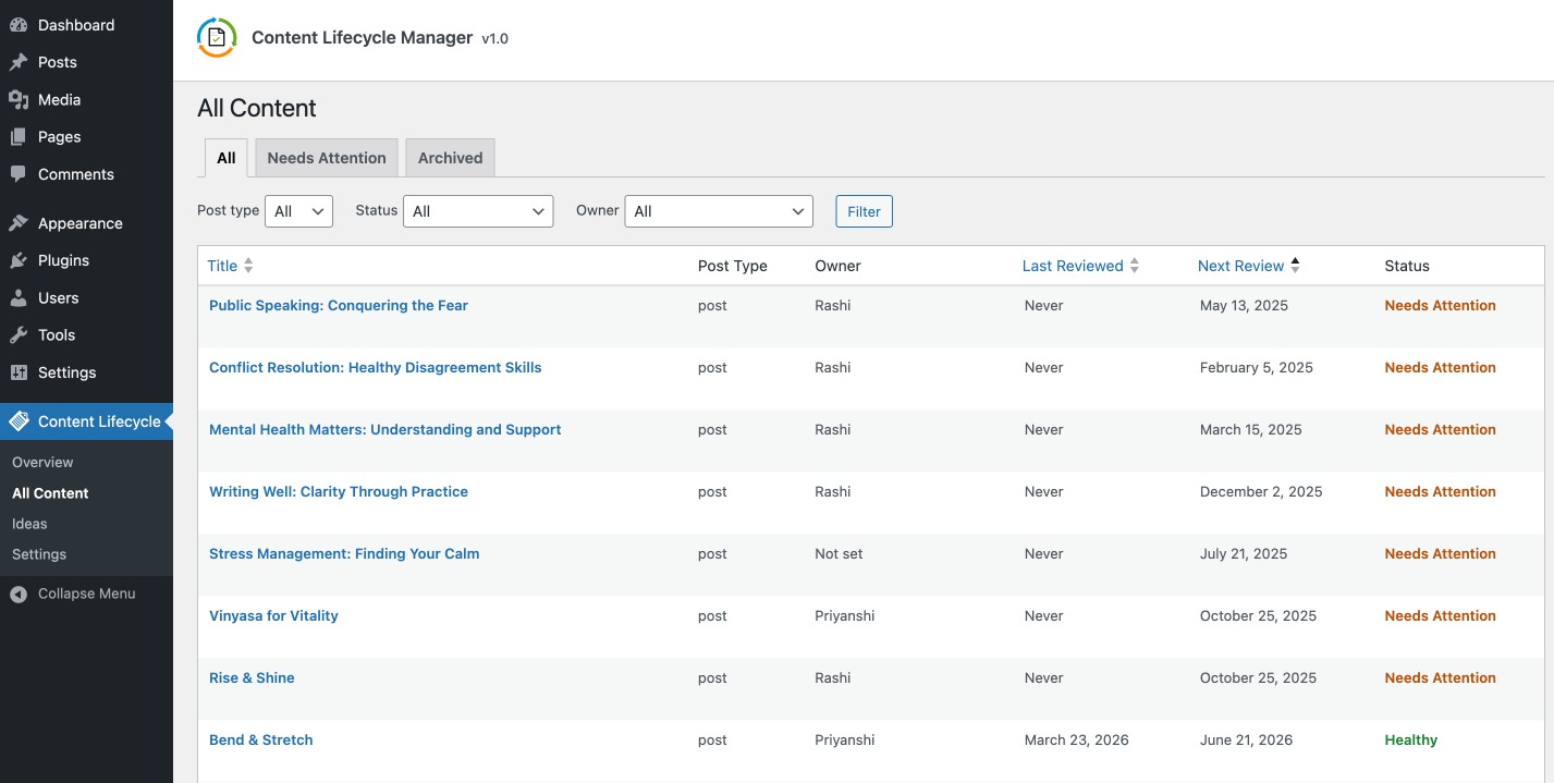 Content Lifecycle Manager All Content Screen